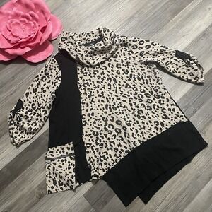 ALI MILES Sz 1X Black/Tan Leopard Top Cowl Neck Asymmetric‎ Pocket Lagenlook